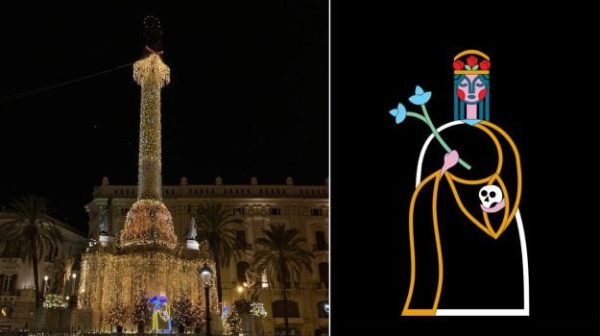 Palermo, iluminaciones en Piazza San Domenico: el obelisco se convierte en árbol de Navidad